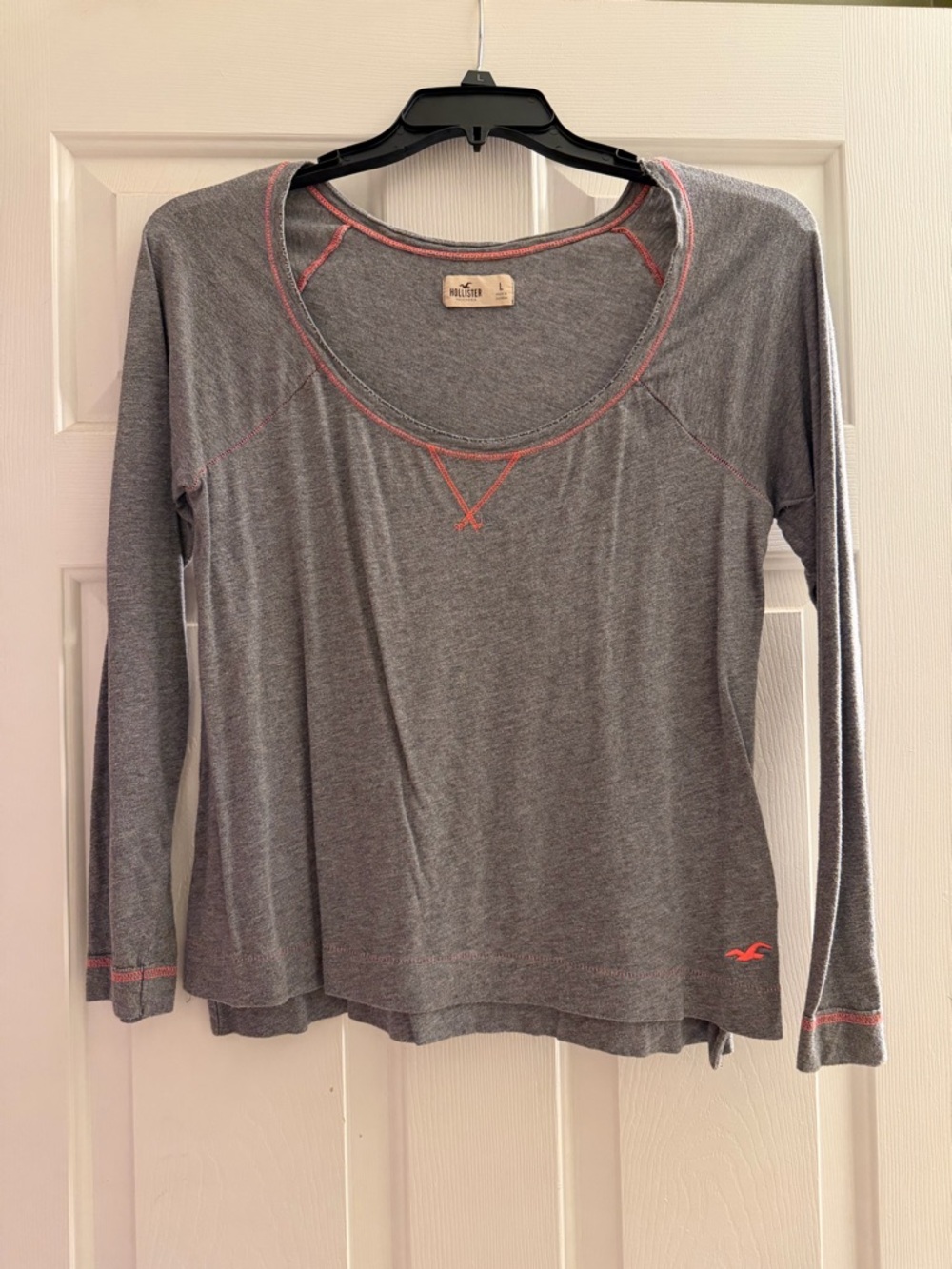 Hollister Gray Long Sleeve Scoop Neck Top with Pink Accent Stitching